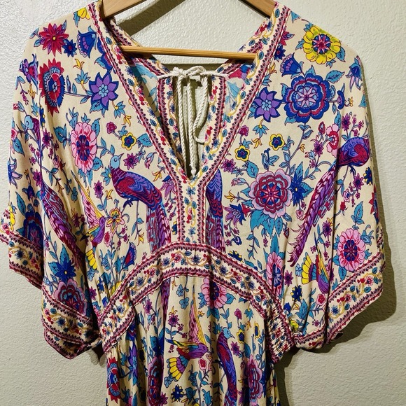 Fashion Fuse Maxi Dress Empire Waist Blue &Purple Peacock Print Boho Whimsy Sz S - Picture 2 of 13